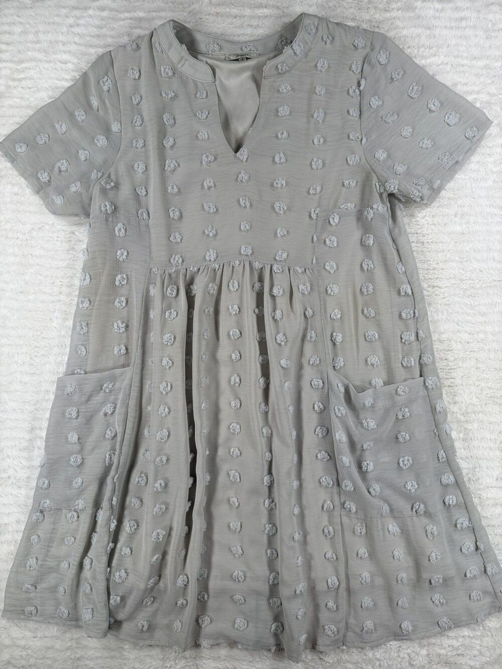 Jodifl Gray Swiss Dot Babydoll Mini Dress Short Sleeve Pockets Size S Lined EUC